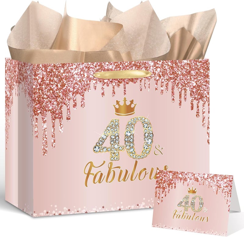 Yoirrat Rose Gold 40 and Fabulous 40th Birthday Gift Bag for Women Large Pink Happy 40th Birthday Gift Bag with Wrapping Paper and Card for 40th Forty Bday Decorations Party Supplies - Image 1